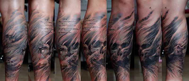 原创 一沙一世界纹身图片_原创成品腿部写实欧美纹身图案