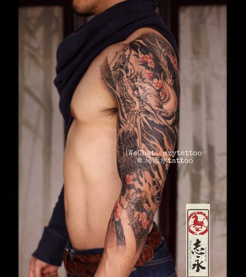 志永刺青原创龙樱花纹身图片_成品手臂传统动物原创志永刺青纹身文身北京纹身纹身图案