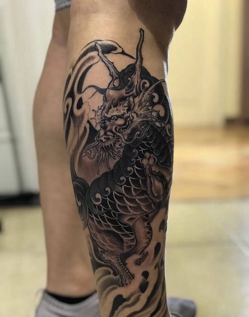 麒麟回头纹身图片_腿部新传统麒麟神兽纹身图案