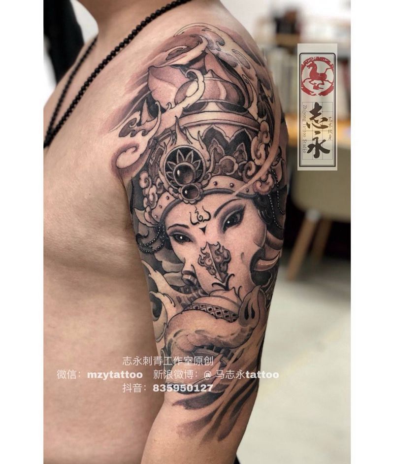 原创象神纹身图片_手臂新传统象神原创志永刺青纹身图案