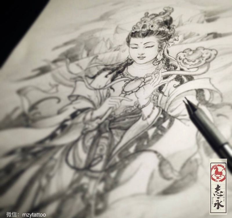 志永刺青原创大势至菩萨纹身图片_手稿背部手臂传统人物原创文身纹身北京纹身志永刺青纹身图案