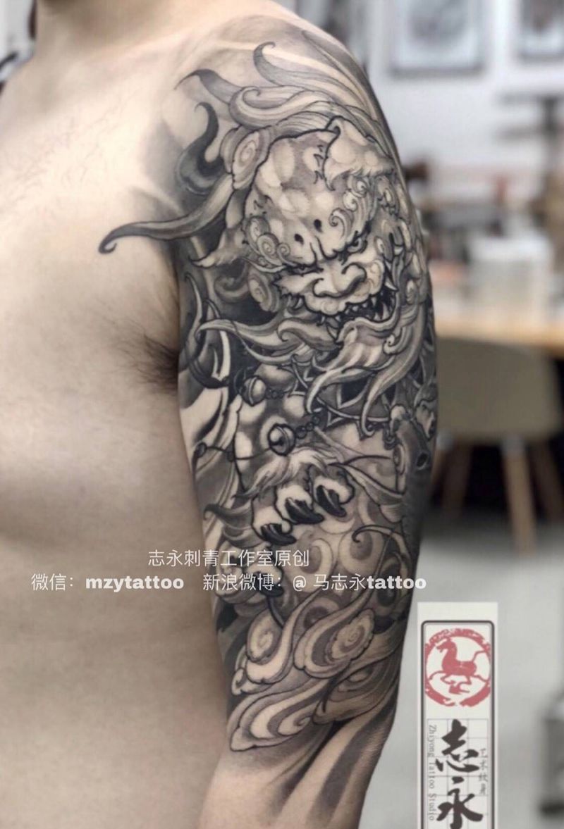 志永刺青工作室原创纹身图片_手臂新传统唐狮原创设计志永刺青纹身图案