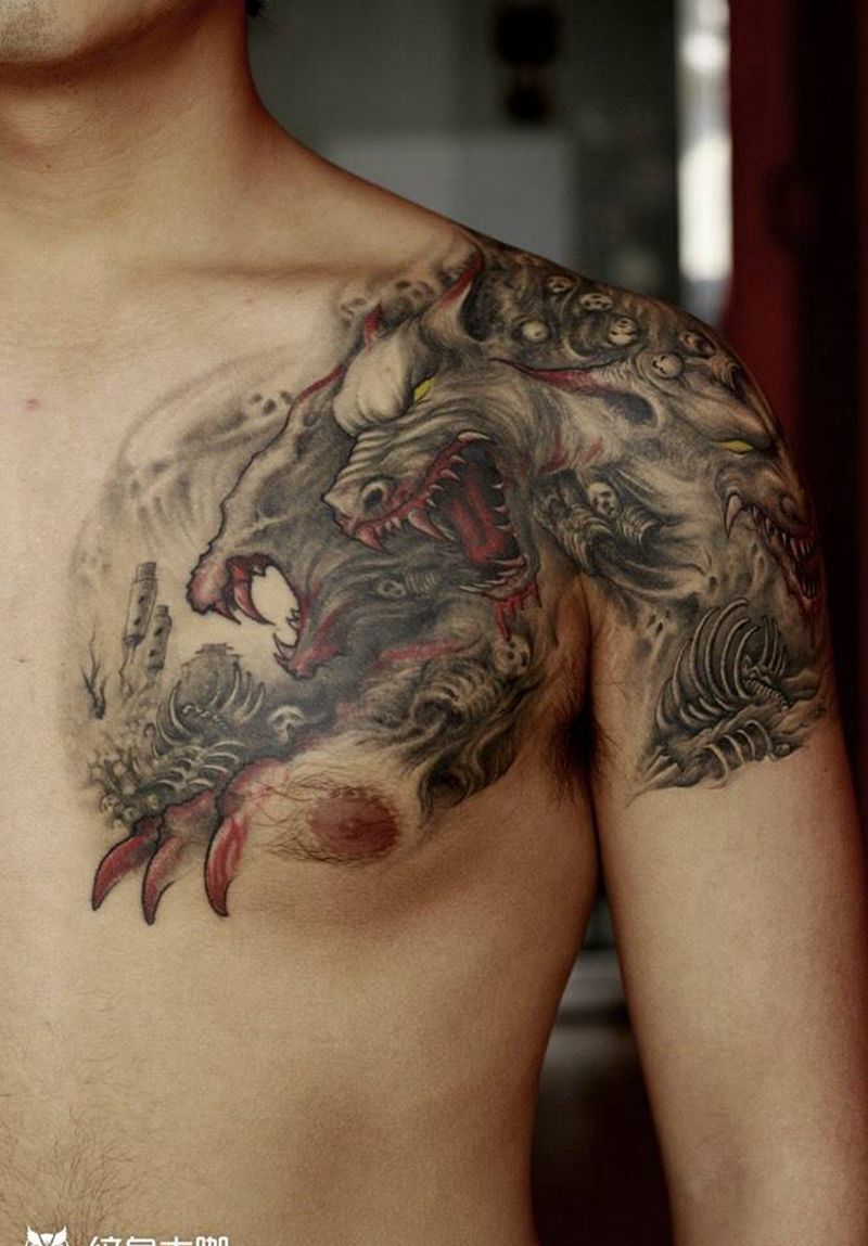 地狱三头狼纹身图片_原创动物鬼神宗教成品手臂胸部背部欧美写实纹身图案