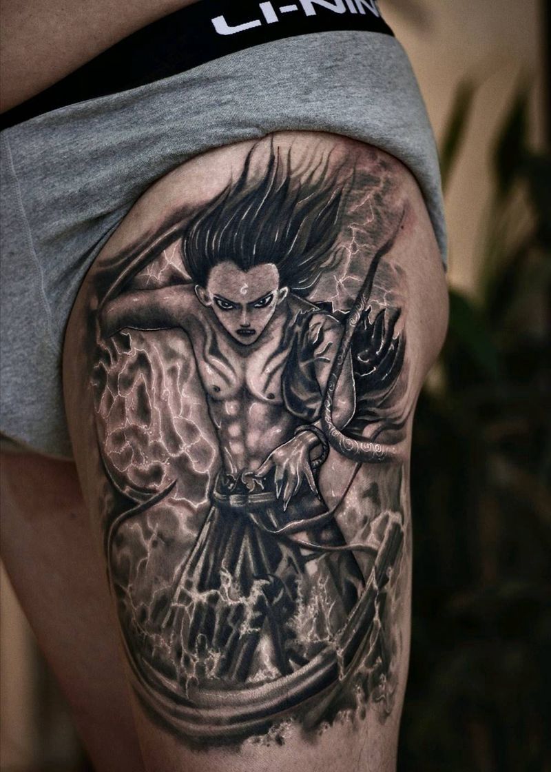 哪吒纹身图片_腿部欧美写实人物纹身图案