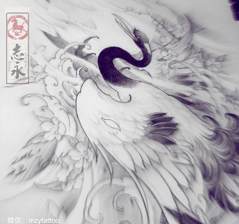 原创仙鹤纹身图片_手稿腿部手臂传统动物北京纹身原创纹身文身志永刺青纹身图案