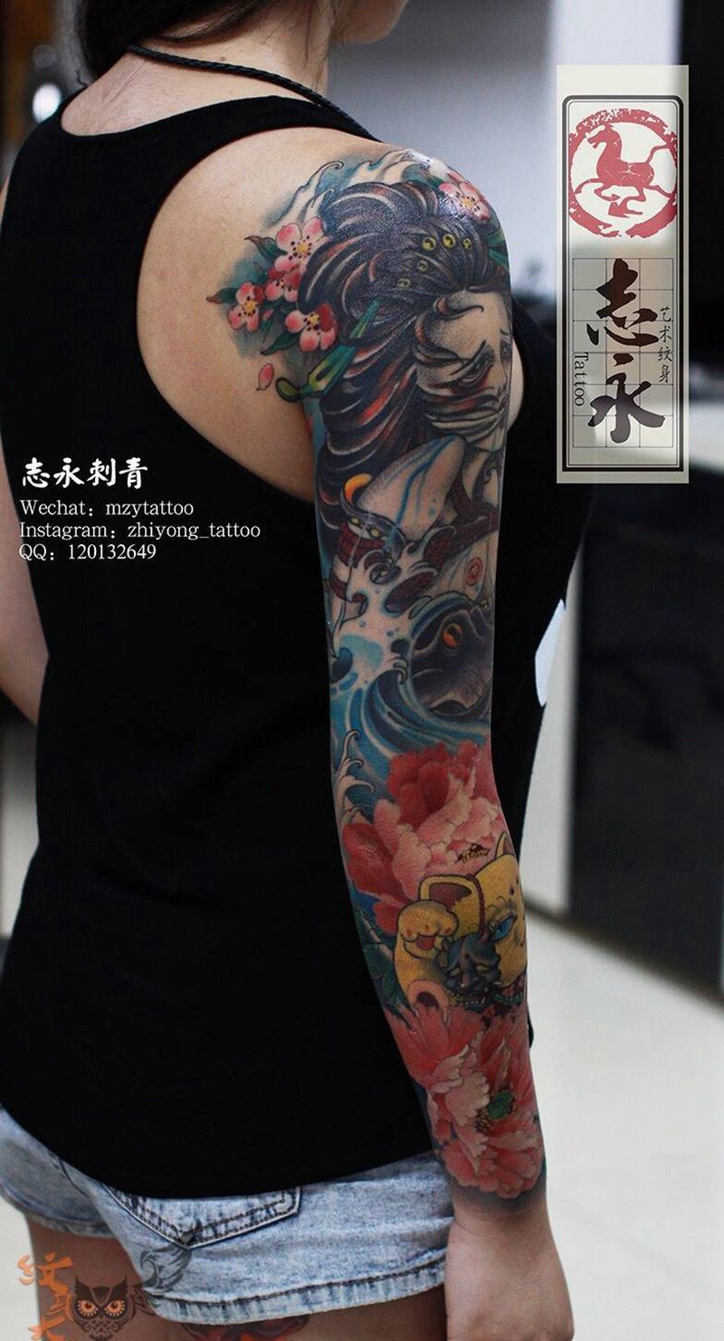 整臂招财猫纹身图片_成品手臂传统人物原创北京纹身纹身文身纹身图案