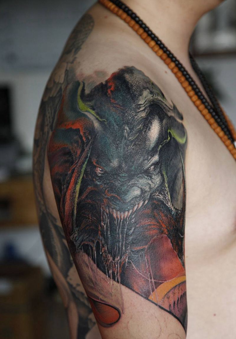 3d恶魔纹身图片_原创鬼神欧美写实手臂成品纹身图案