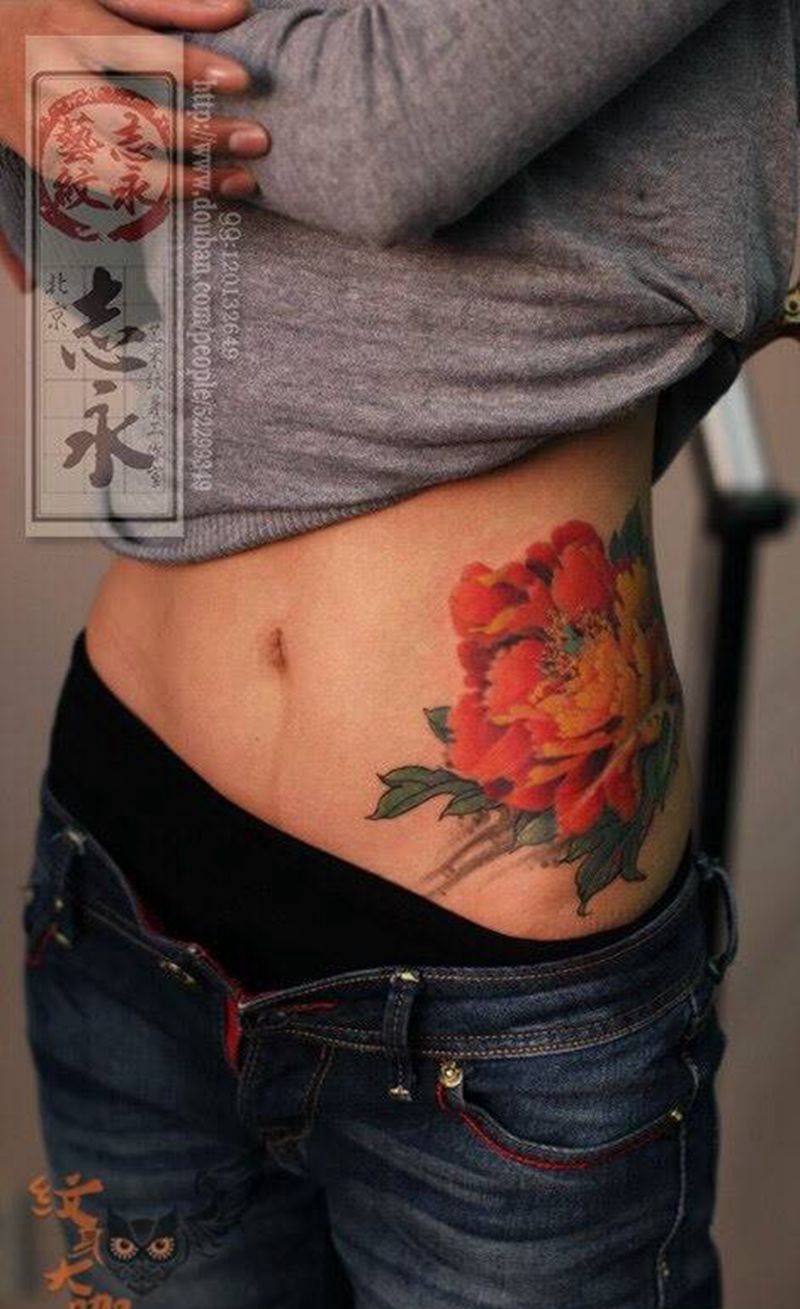 牡丹纹身图片_成品腰部腹部欧美静物北京纹身纹身文身纹身图案