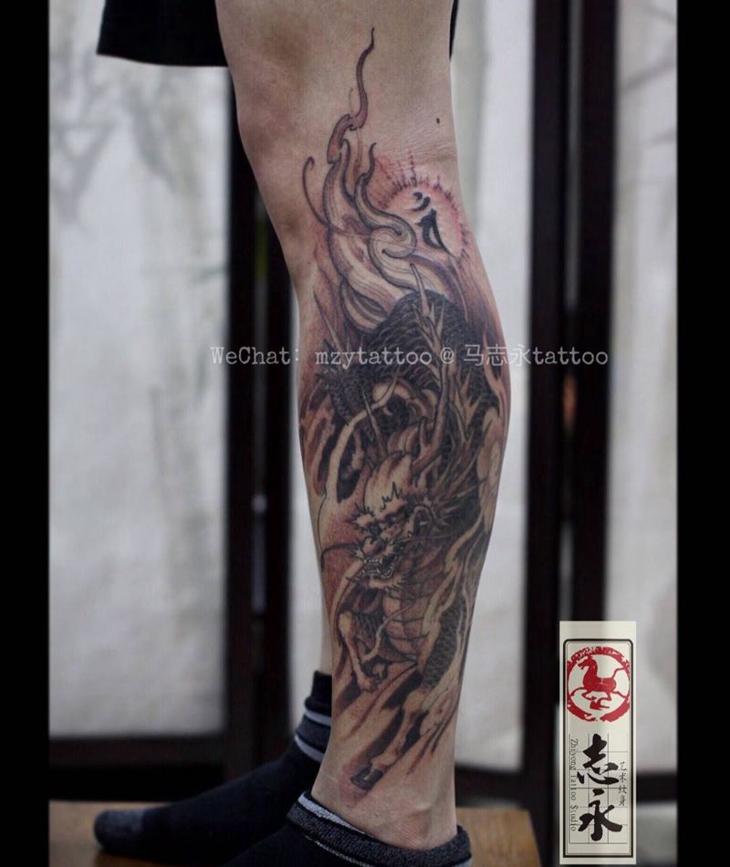 小腿麒麟纹身图片_成品腿部传统动物志永刺青纹身原创北京纹身 文身纹身图案