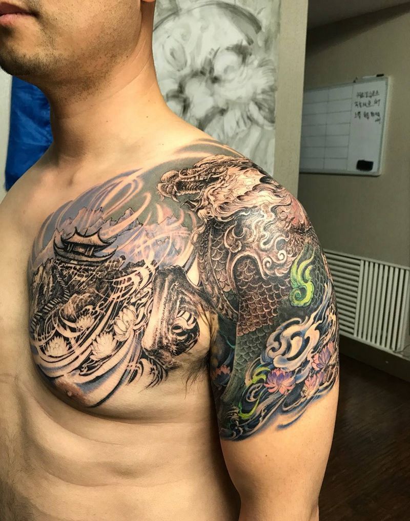 步步生莲 麒麟半甲未完纹身图片_