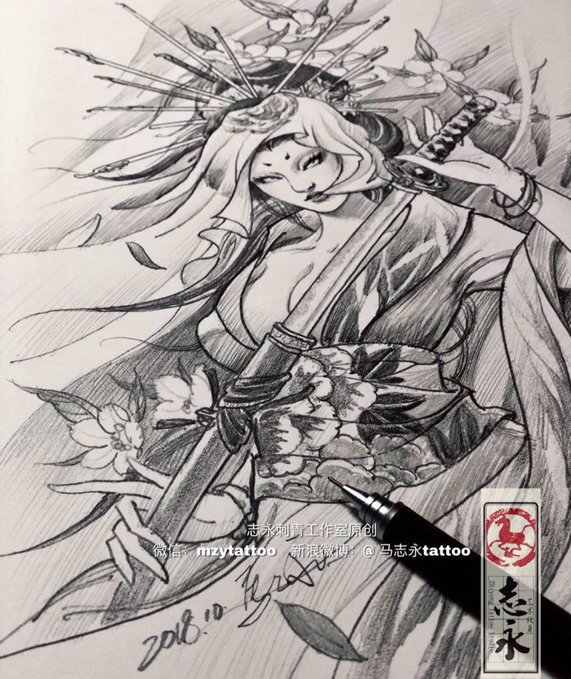 志永刺青工作室原创艺伎纹身图片_手臂腿部新传统志永刺青北京纹身原创设计纹身图案
