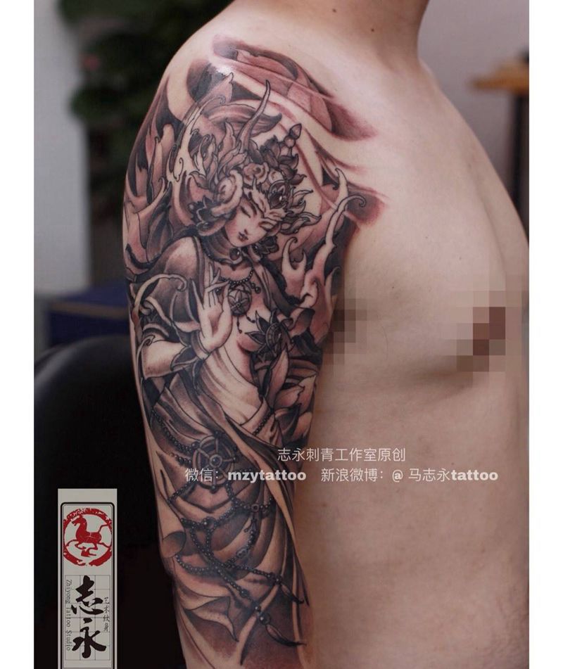 志永刺青原创度母纹身图片_手臂新传统度母菩萨原创纹身图案