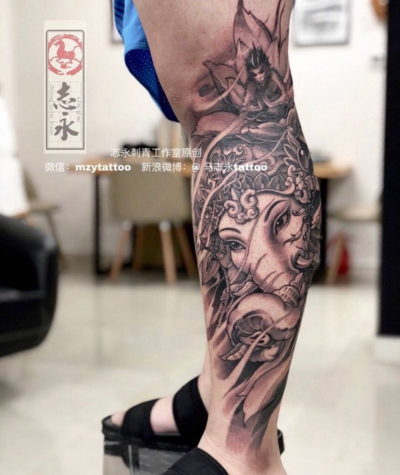象神纹身图片_成品腿部传统鬼神动物原创纹身图案