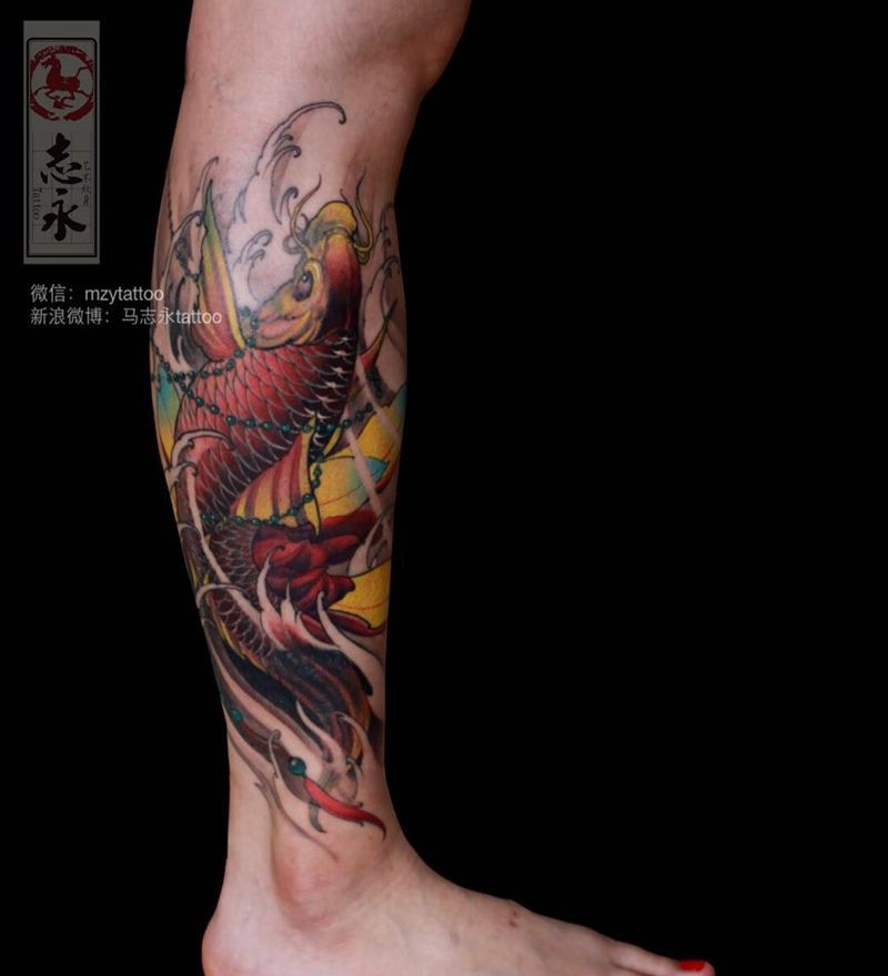 志永刺青原创鲤鱼纹身图片_成品腿部传统动物纹身北京纹身志永刺青原创文身纹身图案