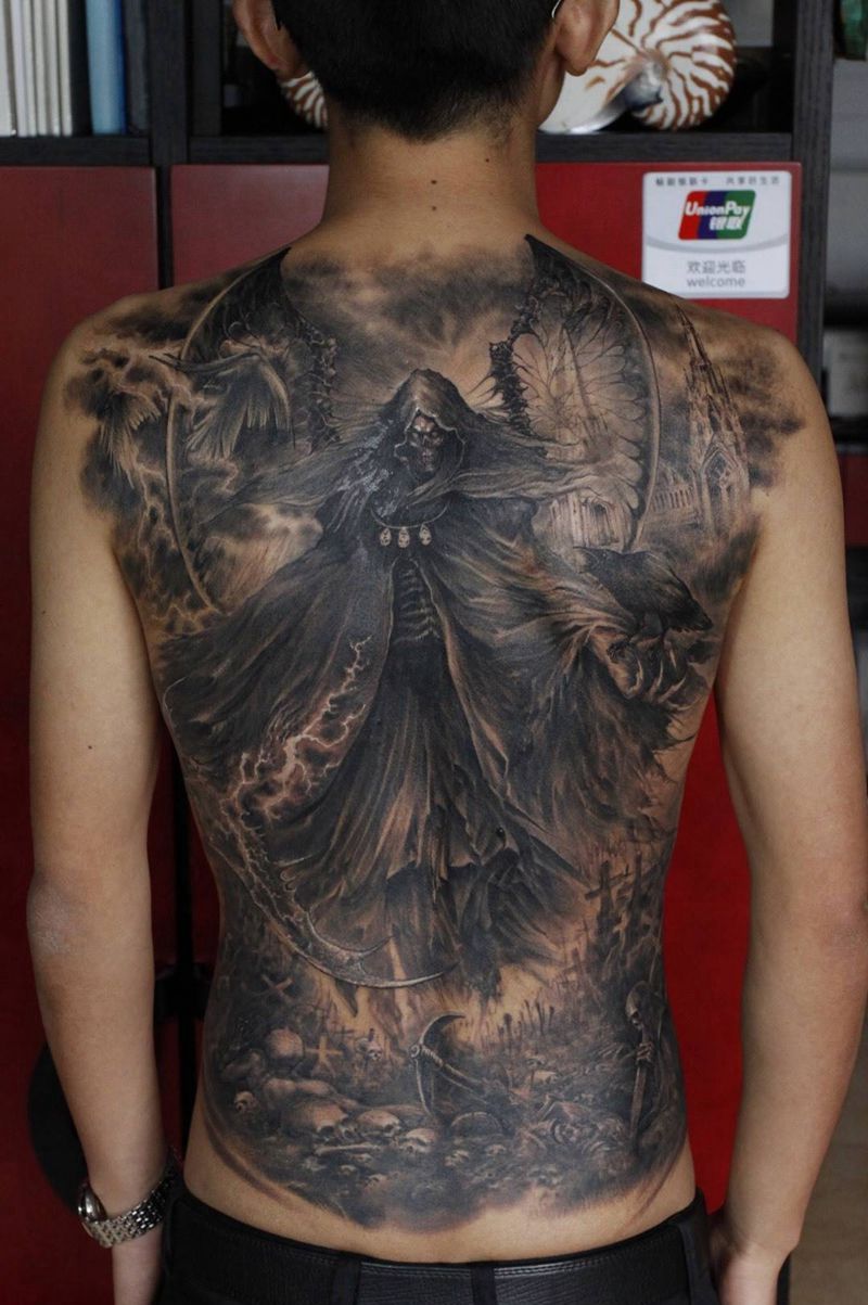 死神降临纹身图片_成品原创鬼神写实欧美背部纹身图案