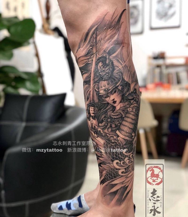 志永刺青工作室原创纹身图片_腿部新传统志永刺青武士北京纹身纹身图案