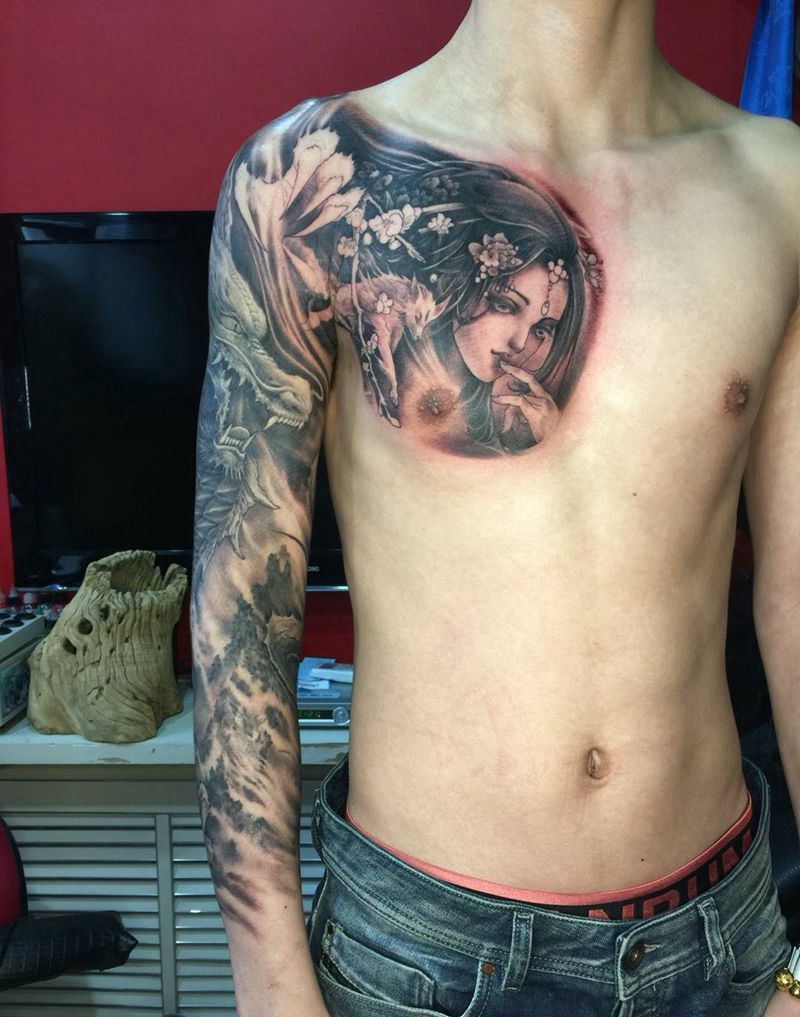 龙啸九天纹身图片_成品原创动物手臂胸部欧美传统写实肖像国画纹身图案