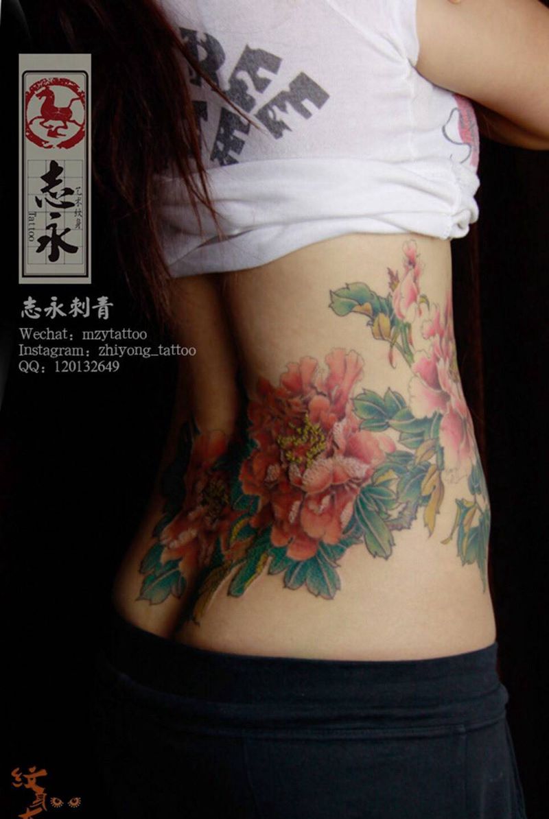 牡丹纹身图片_成品腰部传统原创植物纹身图案
