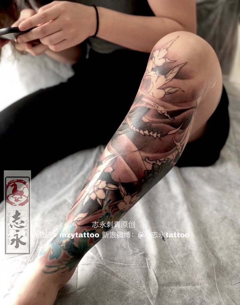 志永刺青原创纹身图片_成品腿部传统人物原创纹身图案