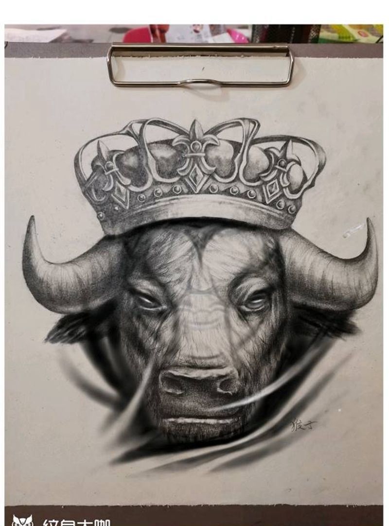 写实戴皇冠的牛纹身图片_胸部欧美写实皇冠牛纹身图案