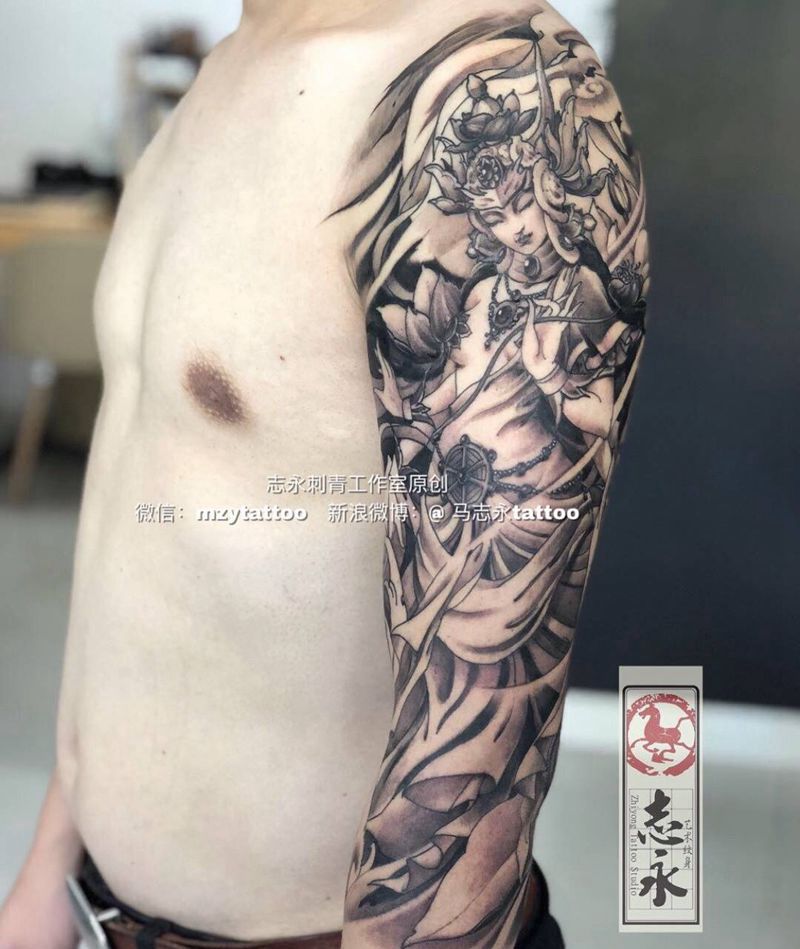 志永刺青原创度母纹身图片_手臂新传统志永刺青原创设计北京纹身纹身图案