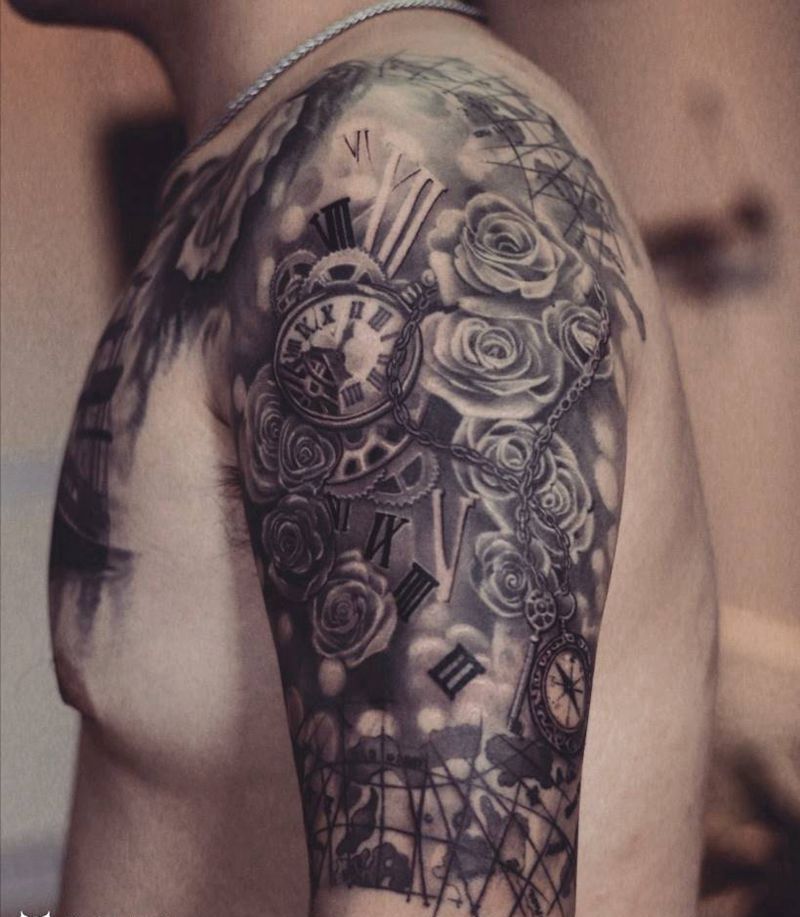 欧美写实钟表题材纹身图片_手臂欧美写实钟表花纹身图案