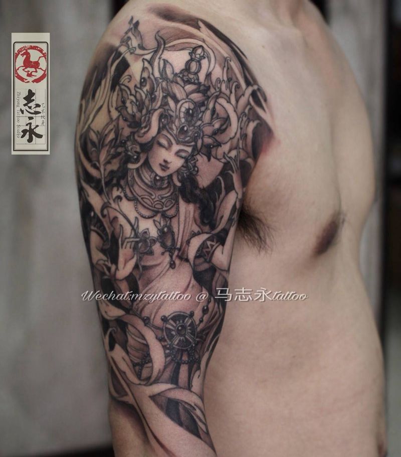 志永刺青原创度母纹身图片_成品手臂传统鬼神人物纹身原创志永刺青北京纹身 文身纹身图案