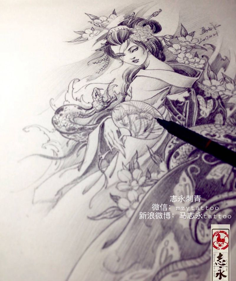 志永刺青原创艺伎纹身图片_手稿手臂背部传统人物原创纹身志永刺青北京纹身 文身纹身图案