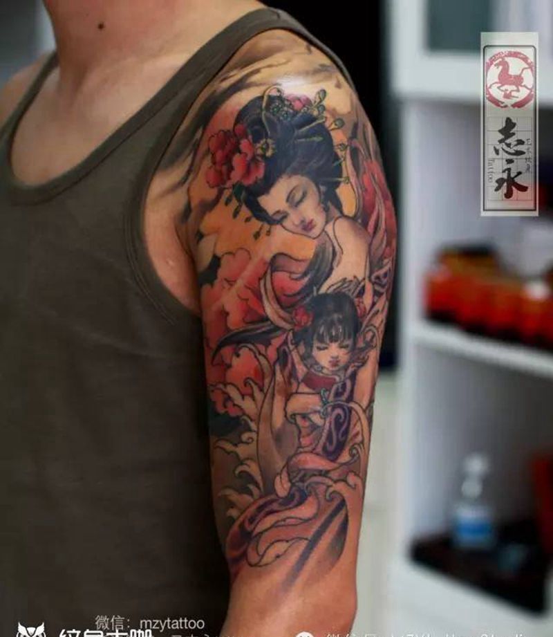 汉服母子纹身图片_成品手臂传统人物原创北京纹身纹身文身志永刺青纹身图案