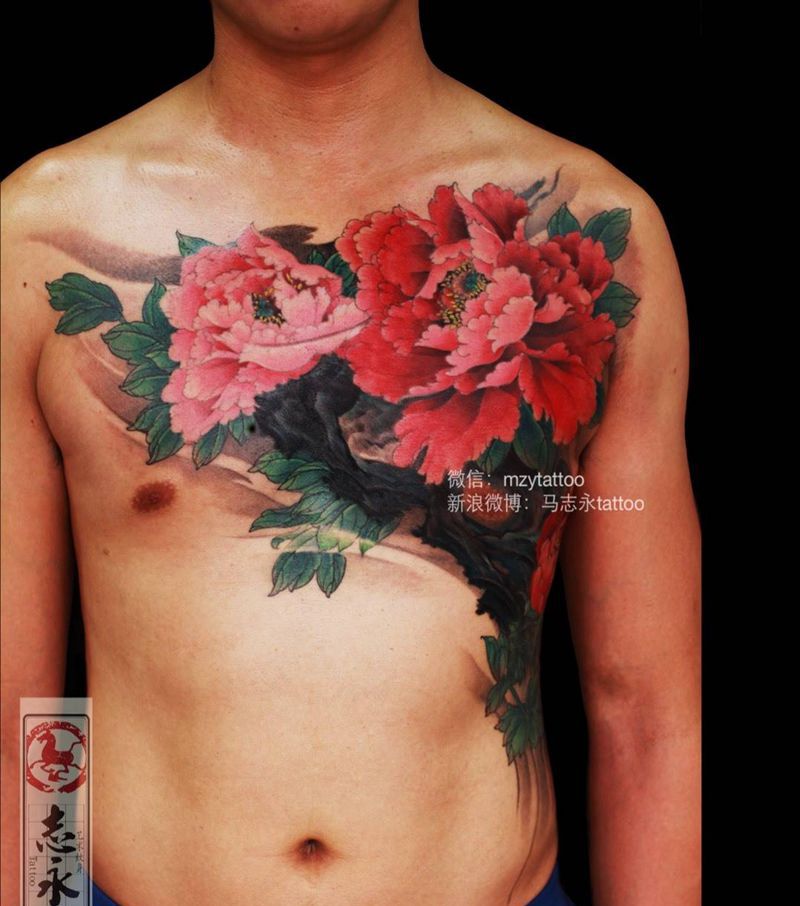 志永刺青作品纹身图片_成品胸部传统植物文身纹身北京纹身原创志永刺青纹身图案