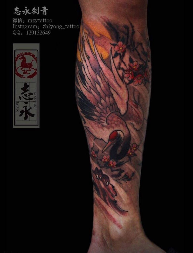 小腿内侧仙鹤纹身图片_成品腿部传统动物北京纹身纹身文身志永刺青纹身图案