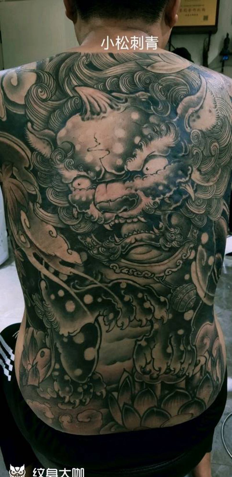 满背唐狮纹身图片_背部新传统唐狮纹身图案