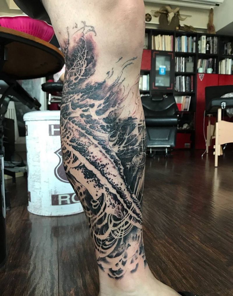 深渊。未完纹身图片_原创动物成品腿部欧美写实纹身图案