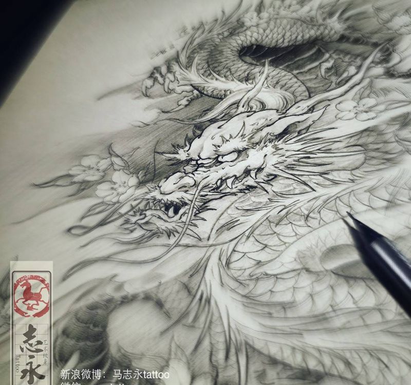 龙 · 樱花纹身图片_手稿腿部传统原创北京纹身纹身文身志永刺青纹身图案