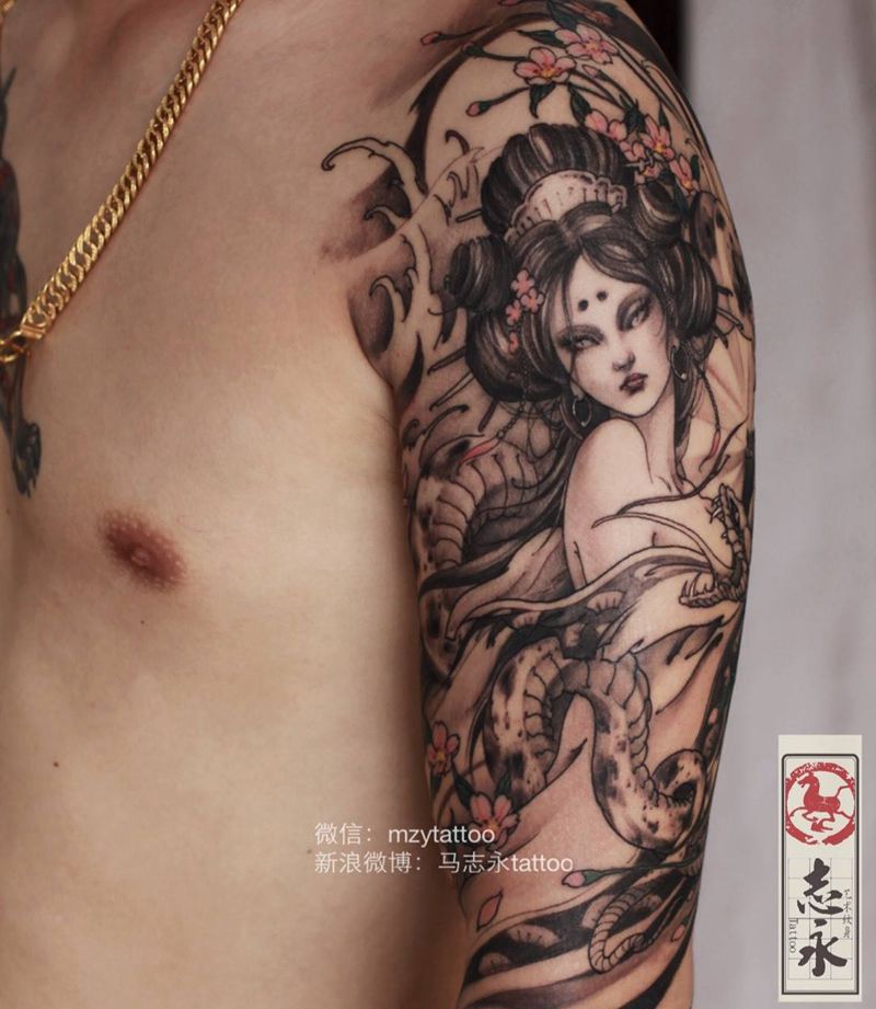 志永刺青原创艺伎纹身图片_成品手臂传统人物原创北京纹身文身志永刺青纹身纹身图案
