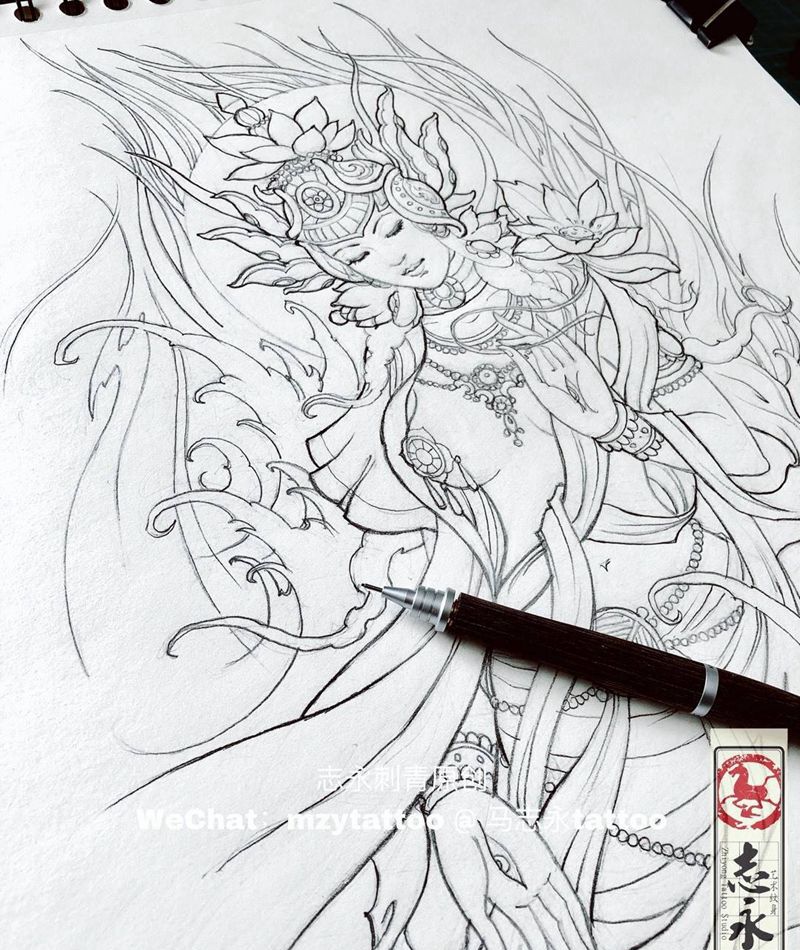 志永刺青原创度母纹身图片_手稿手臂背部腿部传统原创鬼神纹身图案