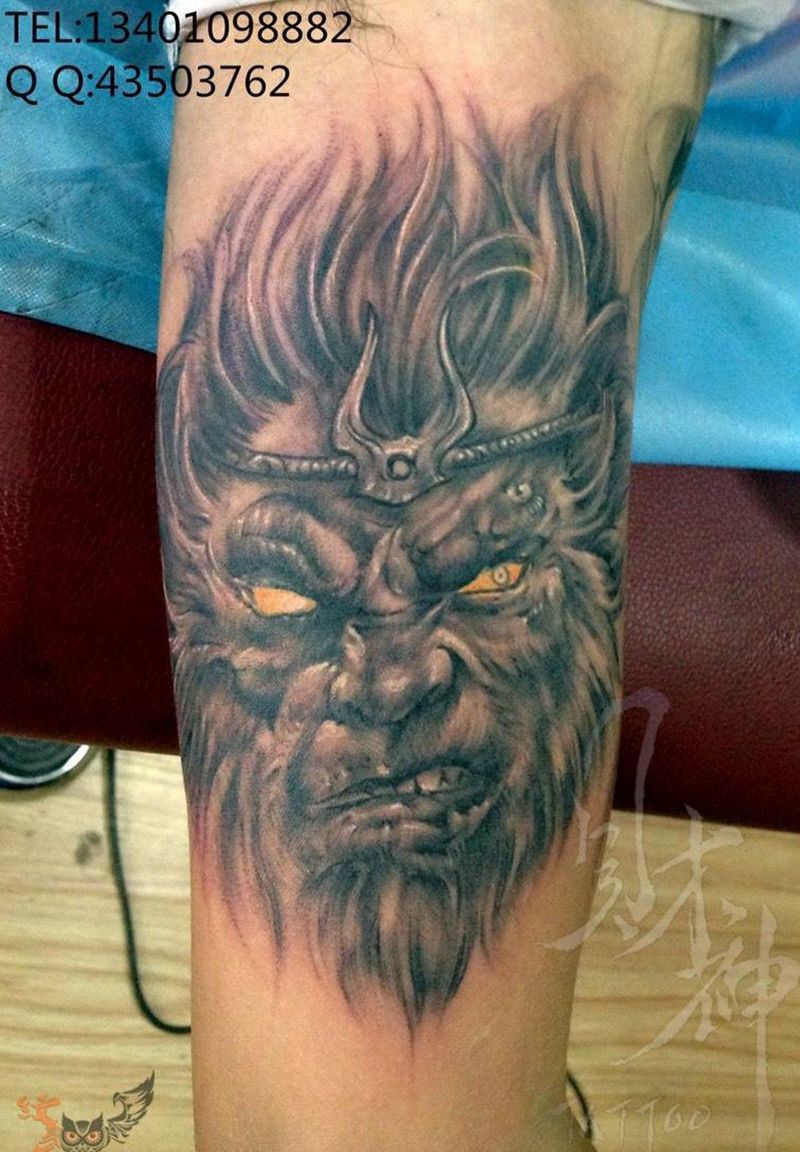 本人作品纹身图片_欧美肖像人物鬼神手臂写实纹身图案