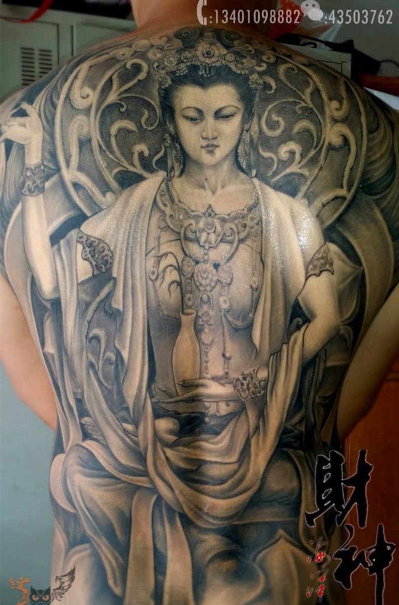 观音纹身图片_传统欧美人物肖像原创背部宗教鬼神纹身图案