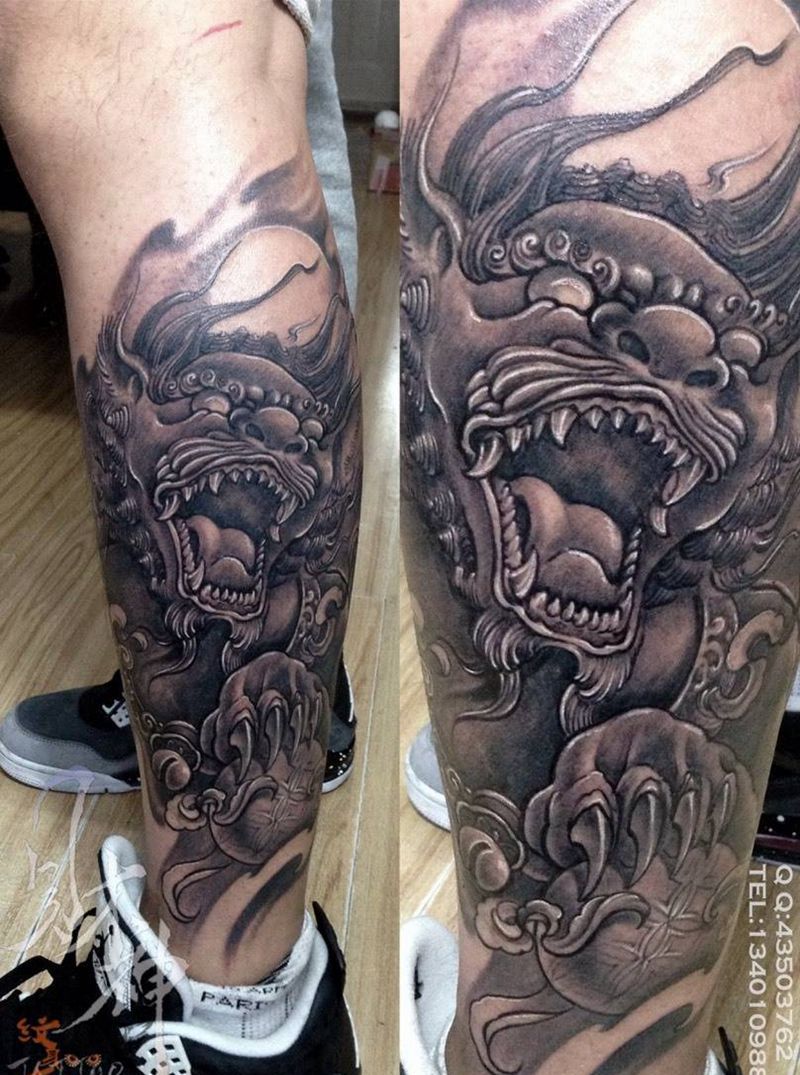 唐狮纹身图片_传统国画鬼神动物腿部纹身图案