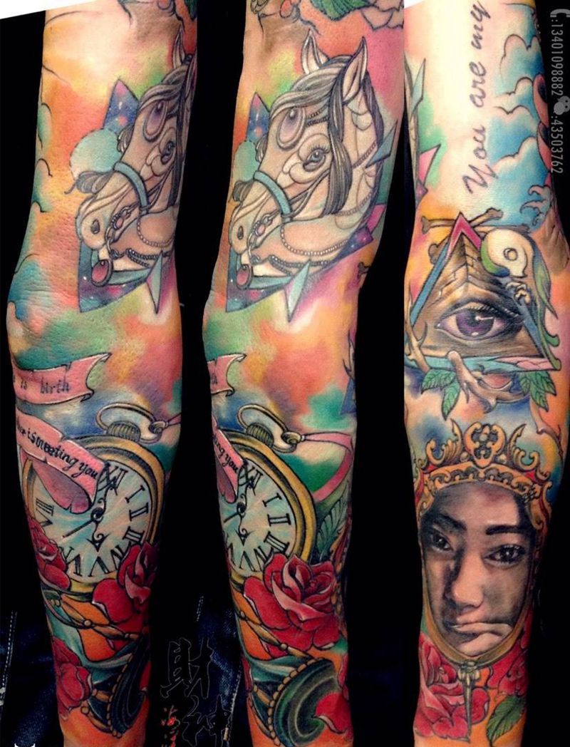 new school纹身图片_成品手臂欧美肖像人物原创纹身图案