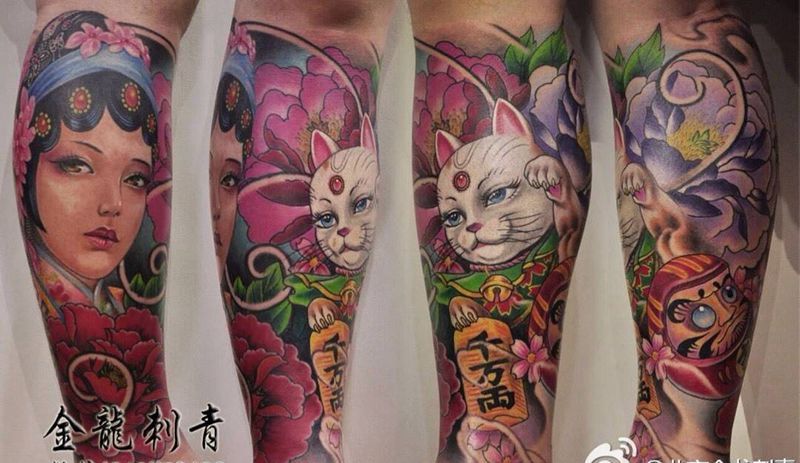 花旦 招财猫纹身图片_