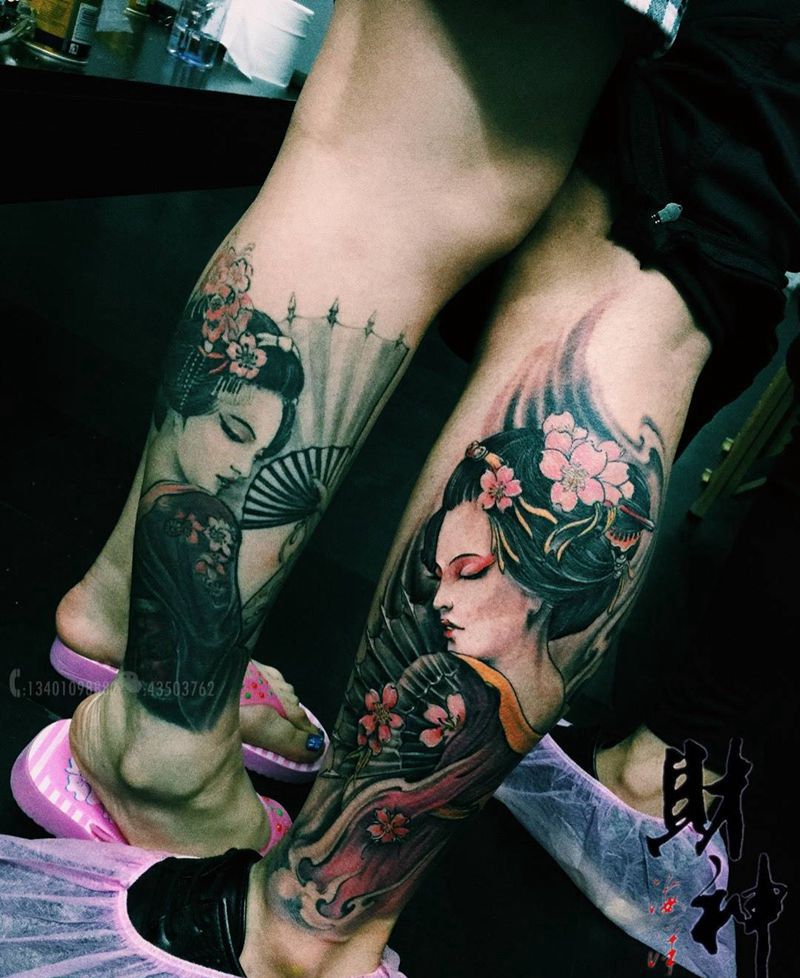艺妓纹身图片_成品腿部传统人物情侣纹身图案