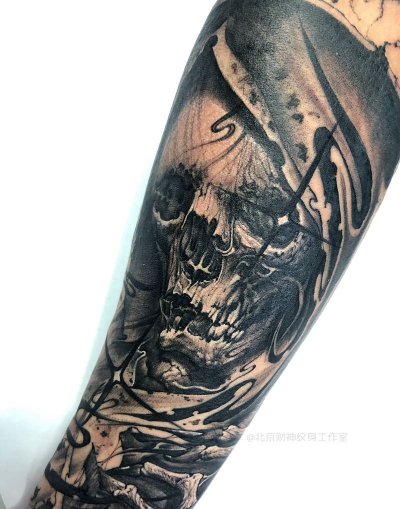 死神纹身图片_手臂欧美写实水墨纹身图案