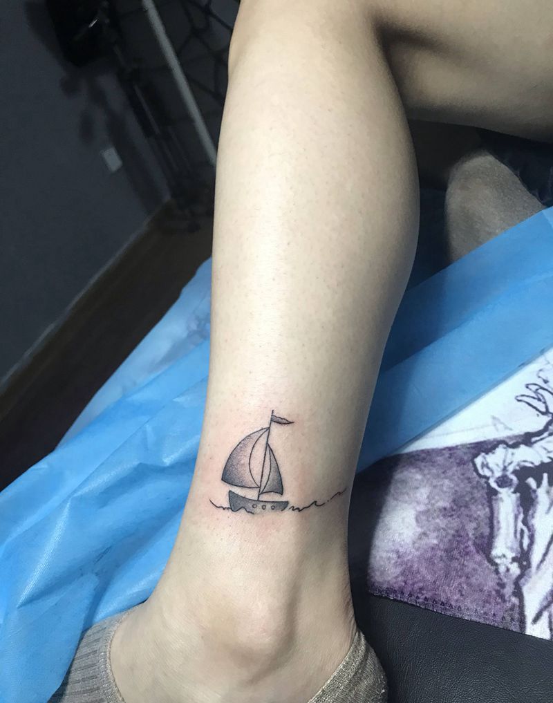 帆船纹身图片_腿部New School纹身图案
