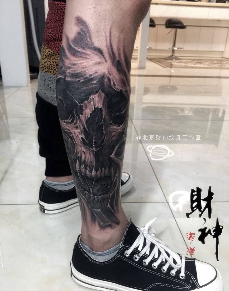 骷髅纹身图片_腿部欧美纹身图案