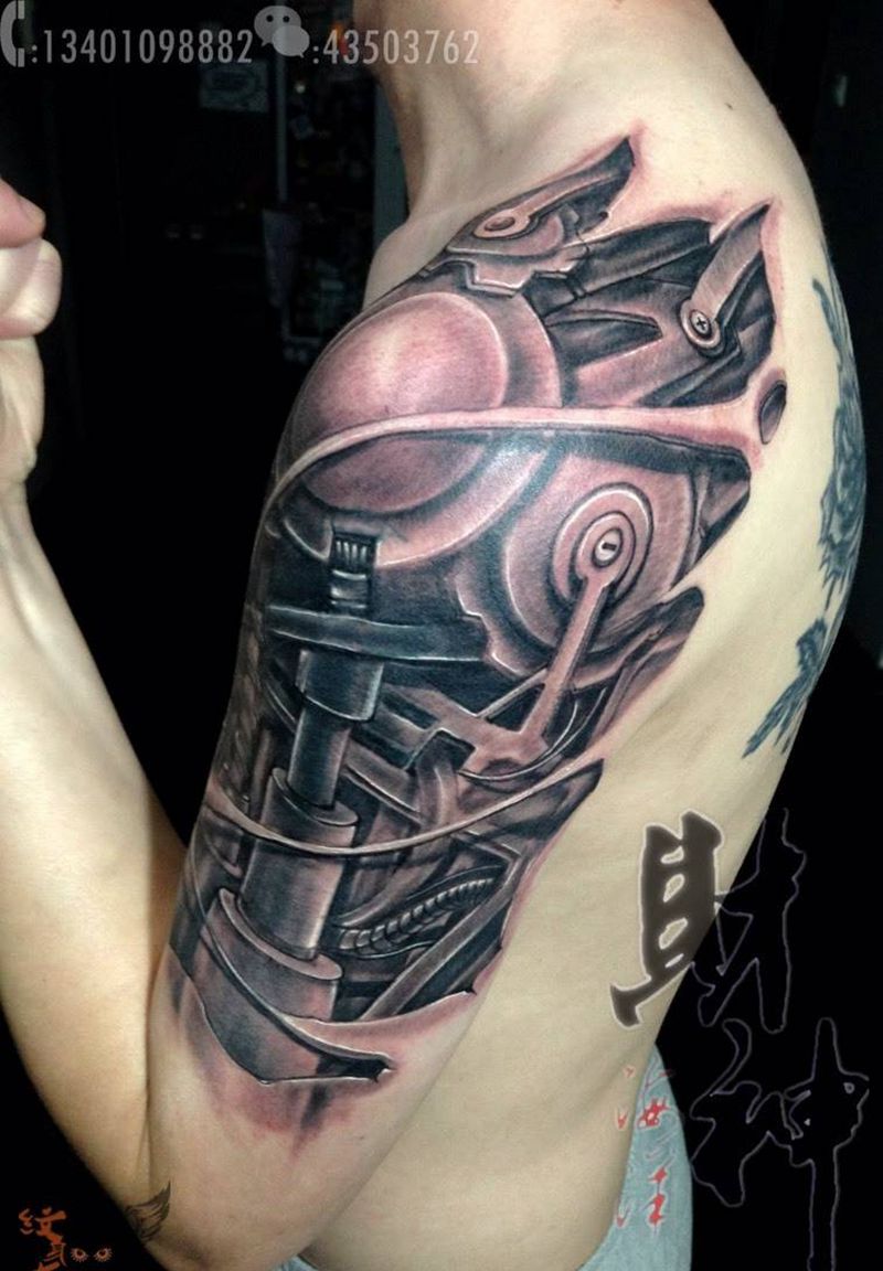机械遮盖纹身纹身图片_写实欧美几何原创肩部手臂纹身图案
