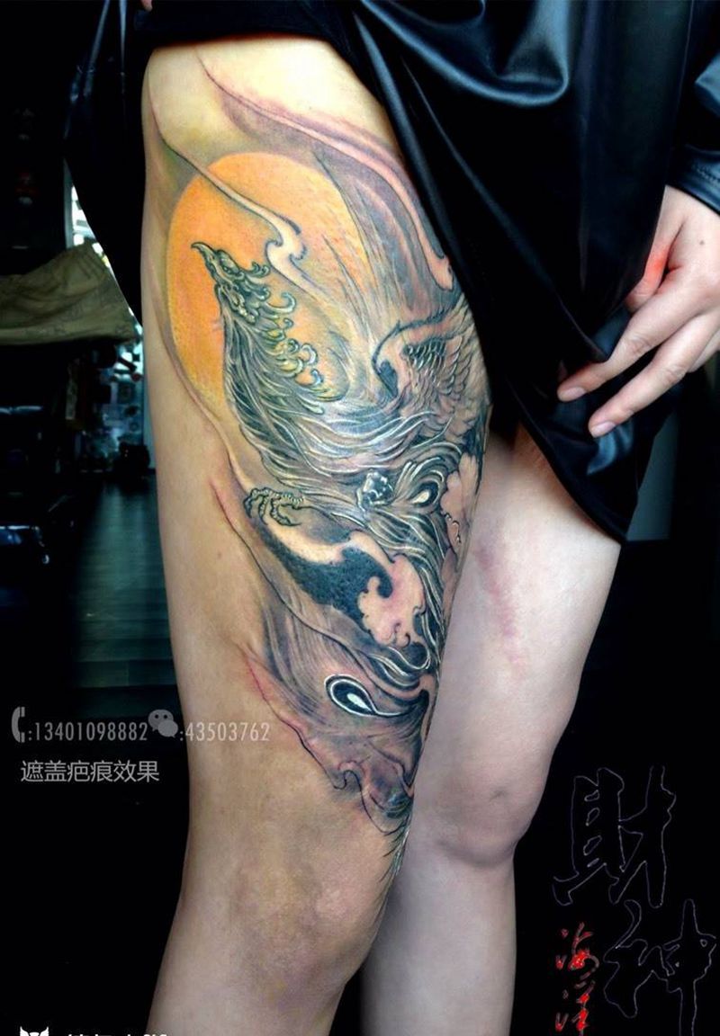 遮盖瘢痕！丹凤朝阳纹身图片_成品腿部传统动物原创纹身图案