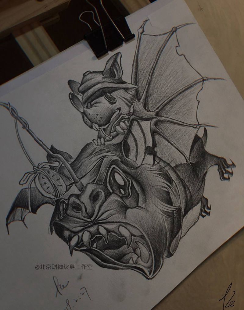 福蝙纹身图片_手稿new school纹身图案