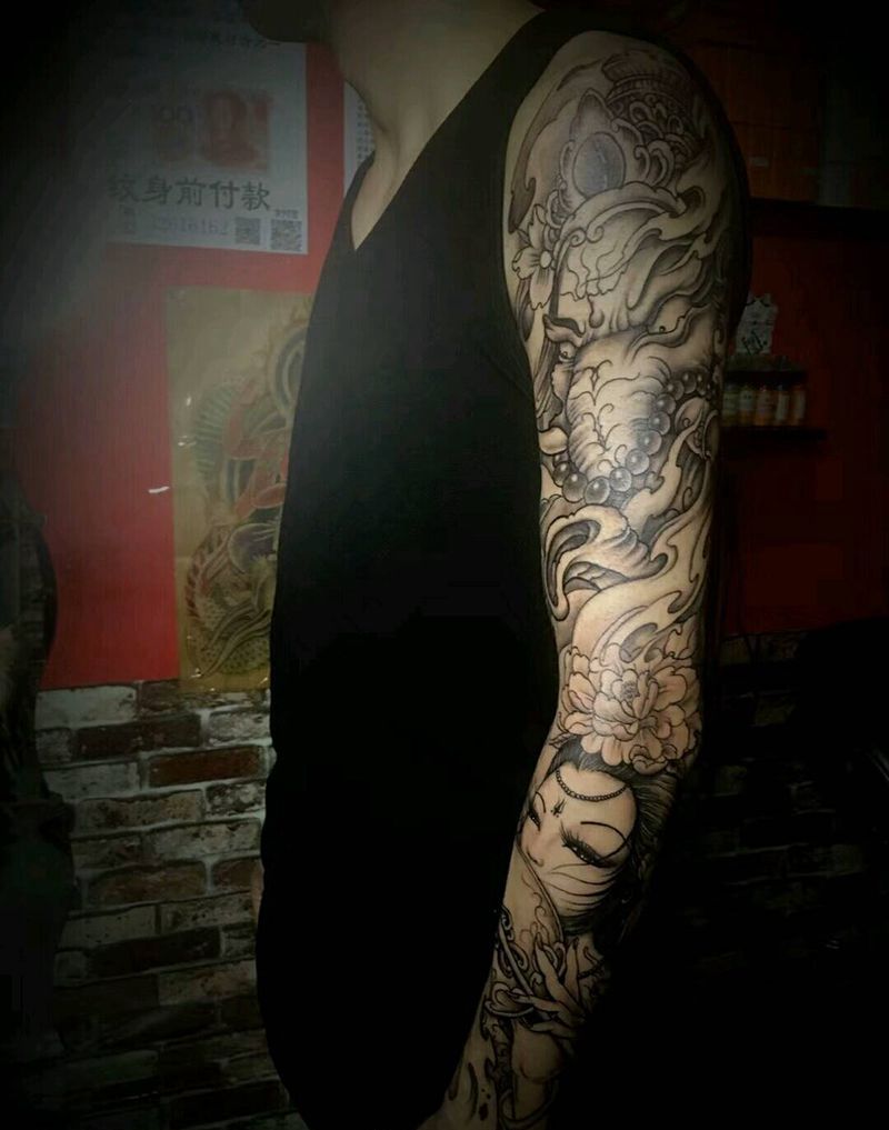 花臂象神艺姬纹身图片_手臂传统习俗肖像动物人物鬼神成品手稿纹身图案