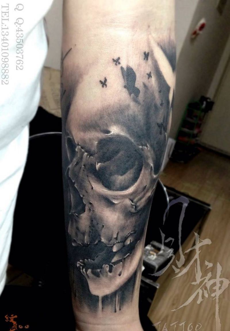 骷髅纹身图片_欧美写实鬼神原创手臂纹身图案